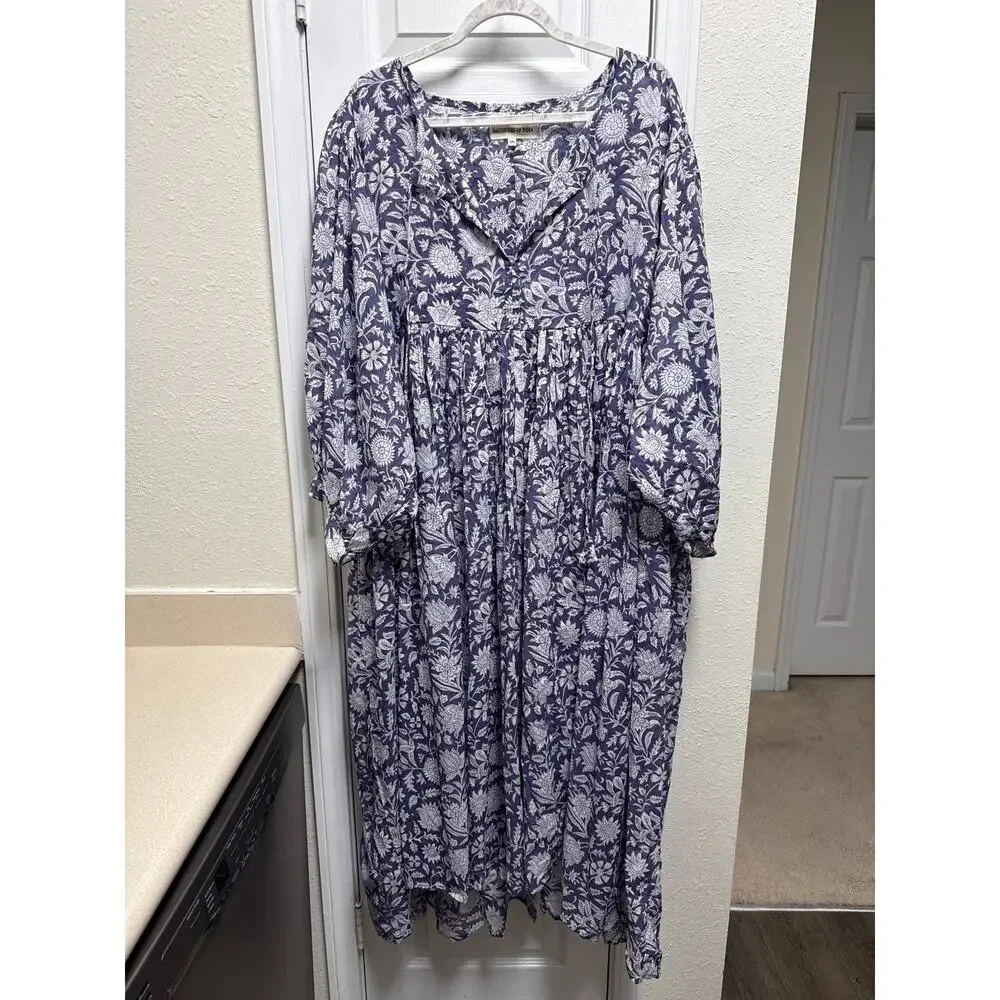 Daughters Of India Kyra Blue Iris Floral Long Peasant Sleeve Midi Dress Size 3XL